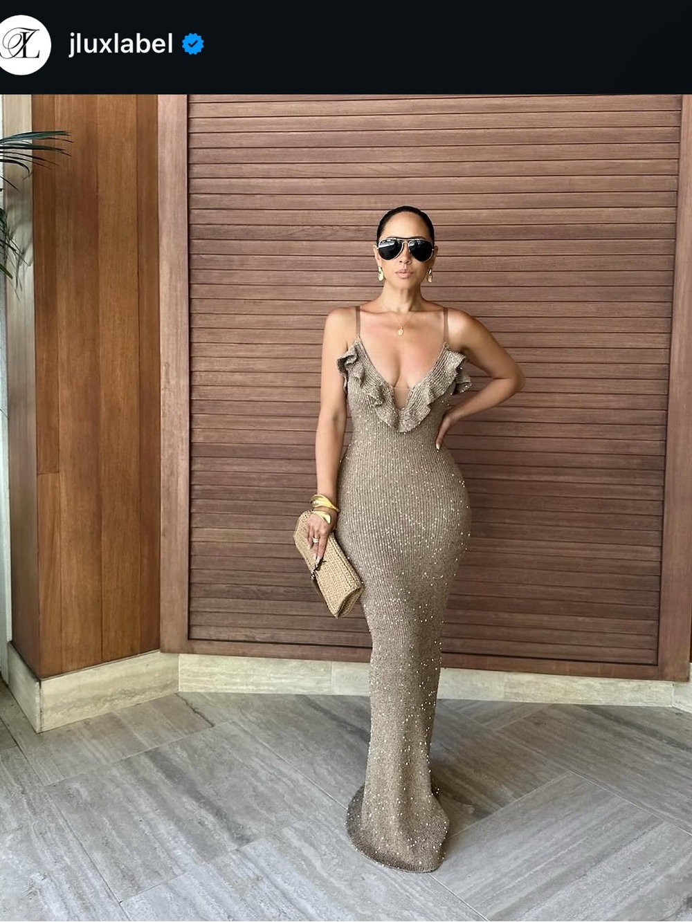 JLUXLABEL Taupe Sparkle Ruffle Maxi Dress